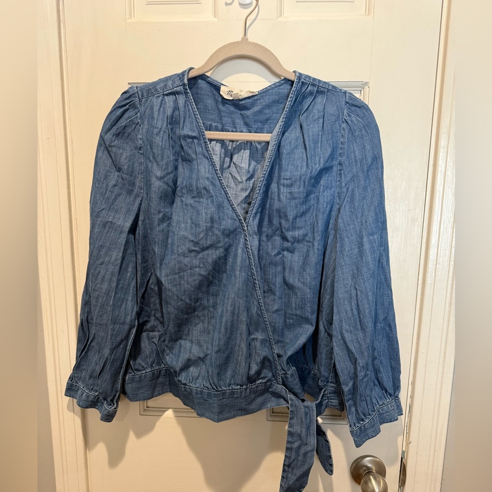 Madewell Denim-Look Wrap Blouse in Medium Blue